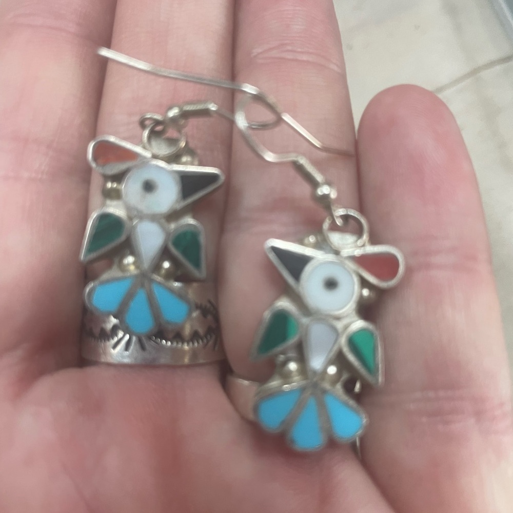 Zuni Style 925 Silver and Multicolor Inlay Earrings-Signed